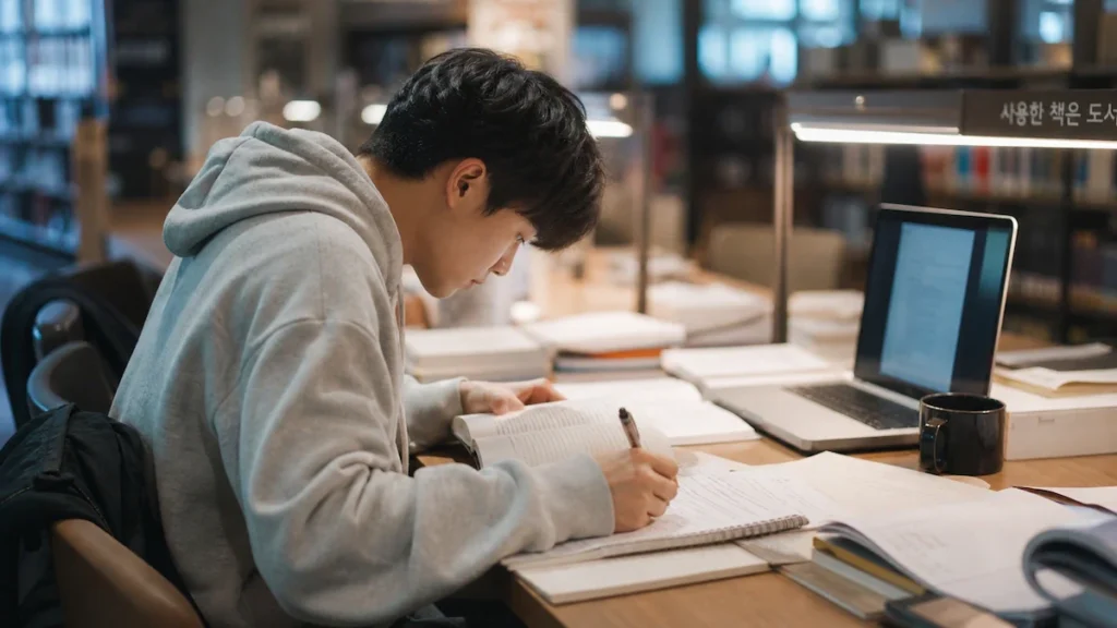 도서관에서 공부하는 장학생