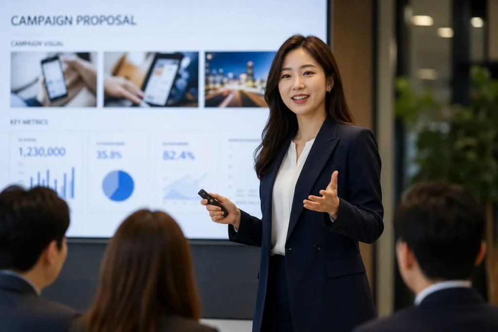 차트를 보여주며 자신감 있게 제안 발표하는 ADsP 마케팅 전문가