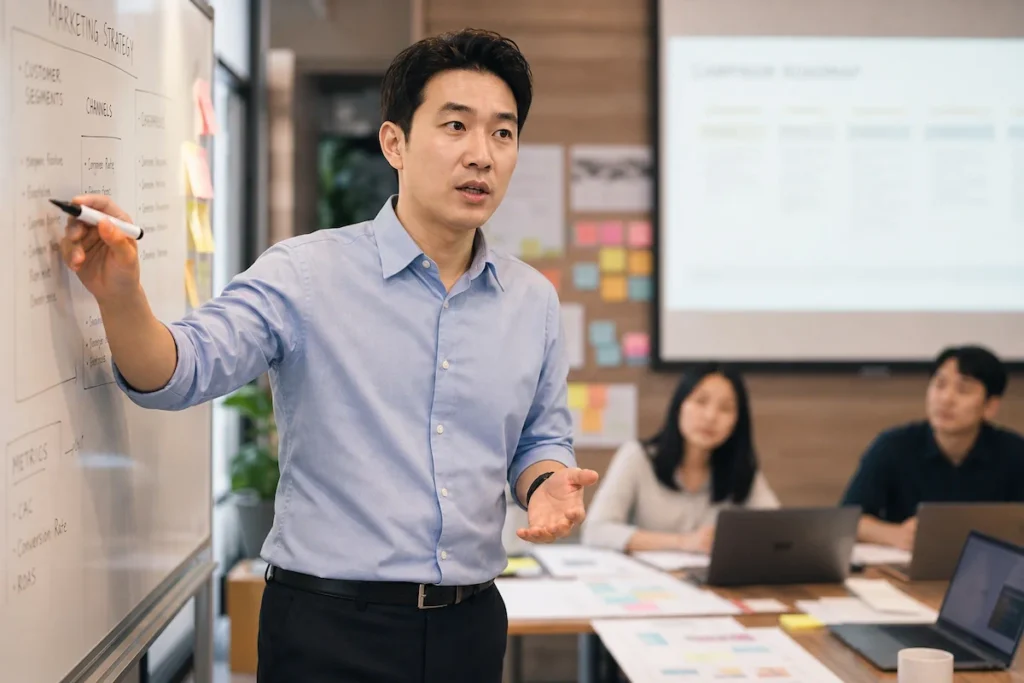 고객 세그먼트와 채널 전략 프레임워크를 설명하는 ADsP 마케팅 전략가