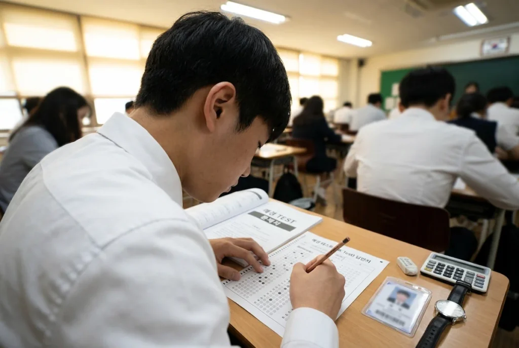 금융권 필수 자격증 매경 테스트 시험지와 답안지를 앞에 두고 문제를 풀고 있는 응시자