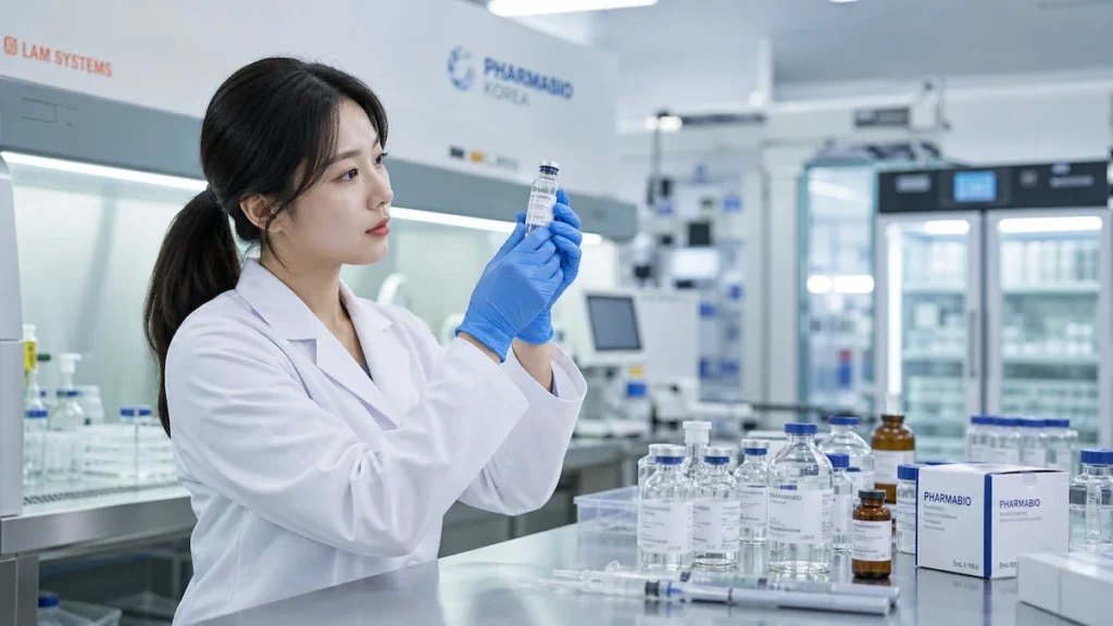 의약품 바이알을 검사하는 제약 연구원