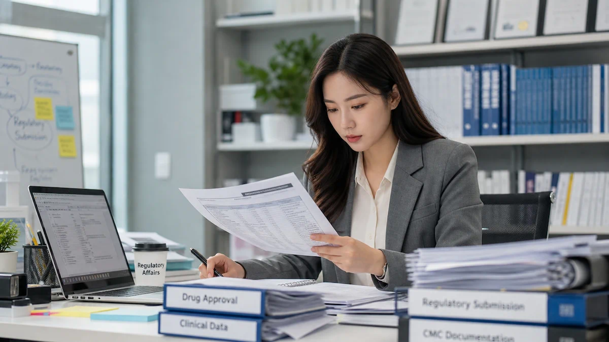 의약품 허가 문서를 검토하는 인허가 전문가 바이오 RA