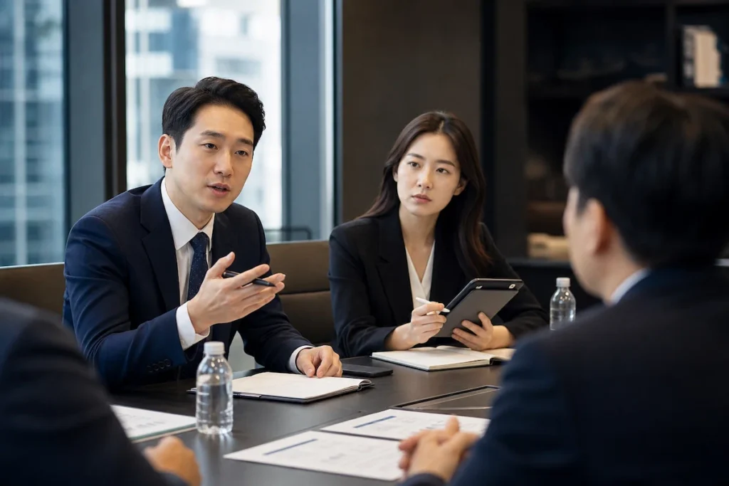경영진과 실사 미팅을 진행하는 리서치 애널리스트