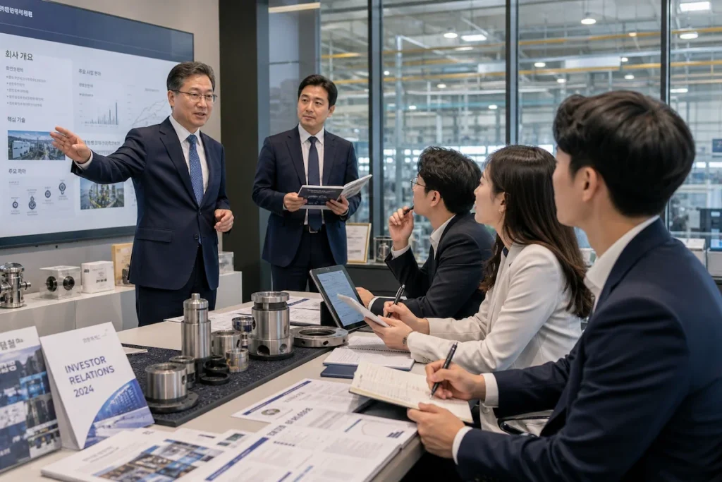 기업 IR 담당자의 설명을 듣고 메모하는 자산운용사 리서치팀