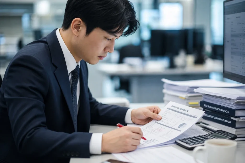 리스크 지표에 체크하는 신용분석 직원