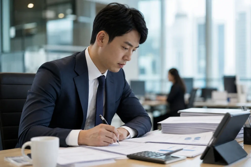 기업 신용 데이터를 분석하는 기업금융 담당 직원 