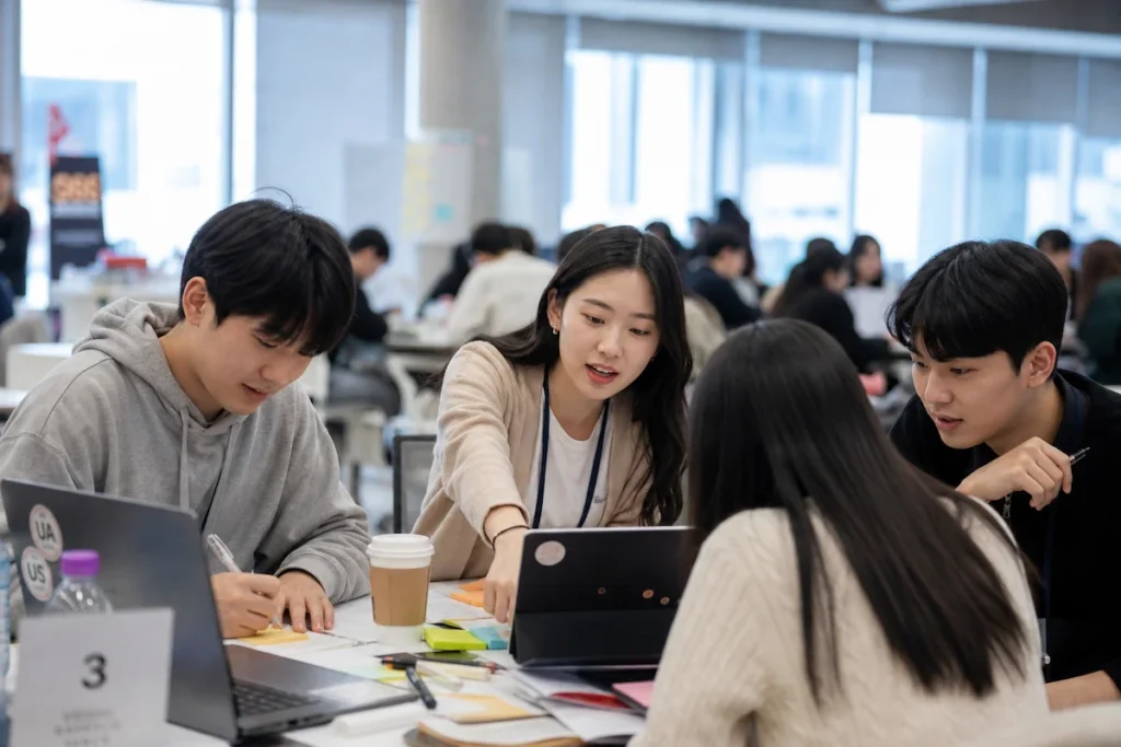 워크샵에서 조별 프로젝트를 진행하는 장학생 팀