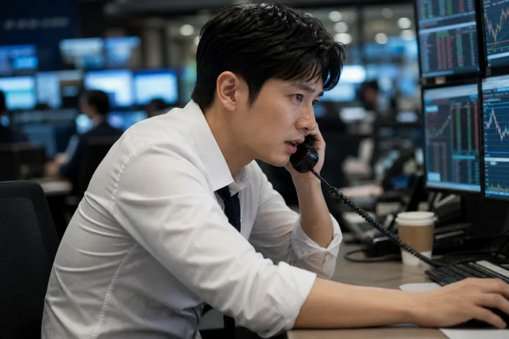 딜링룸에서 전화와 멀티 모니터로 증권 거래를 진행하는 브로커