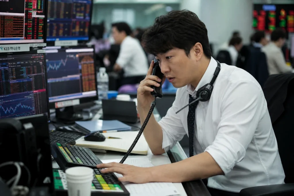 주가를 확인하며 전화 통화하는 증권 트레이더