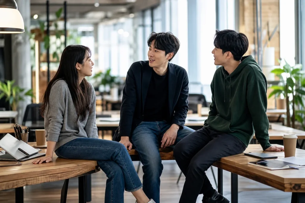 프로젝트 아이템 의견을 나누는 3명의 정부지원 창업팀원들