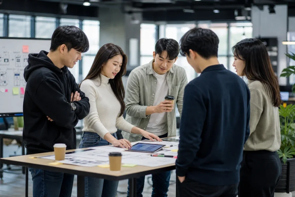 스탠딩 테이블 주위에 서서 자료를 보며 아이디어를 논의하는 5명의 대학생 창업팀