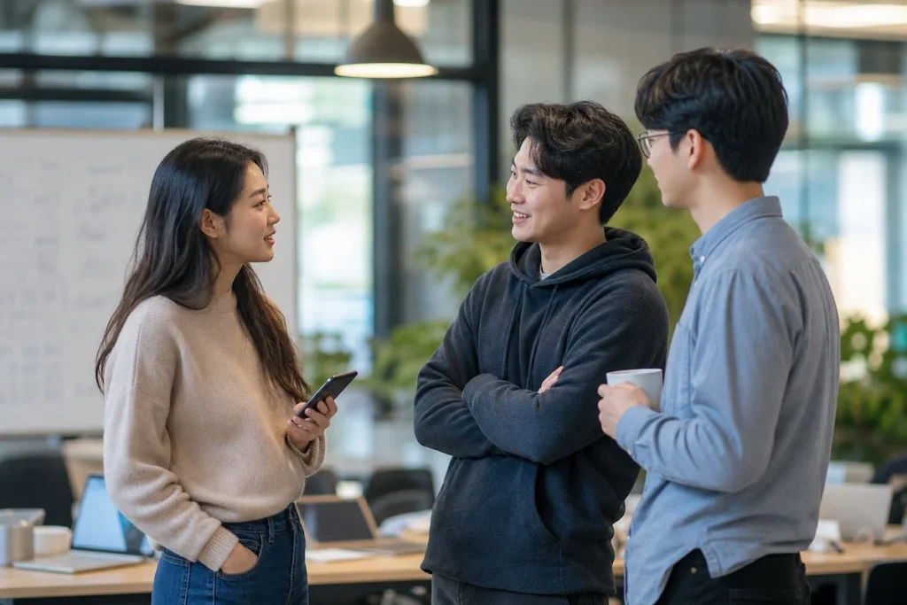 아이디어를 공유하면서 함께 문제를 협의하는 창업팀