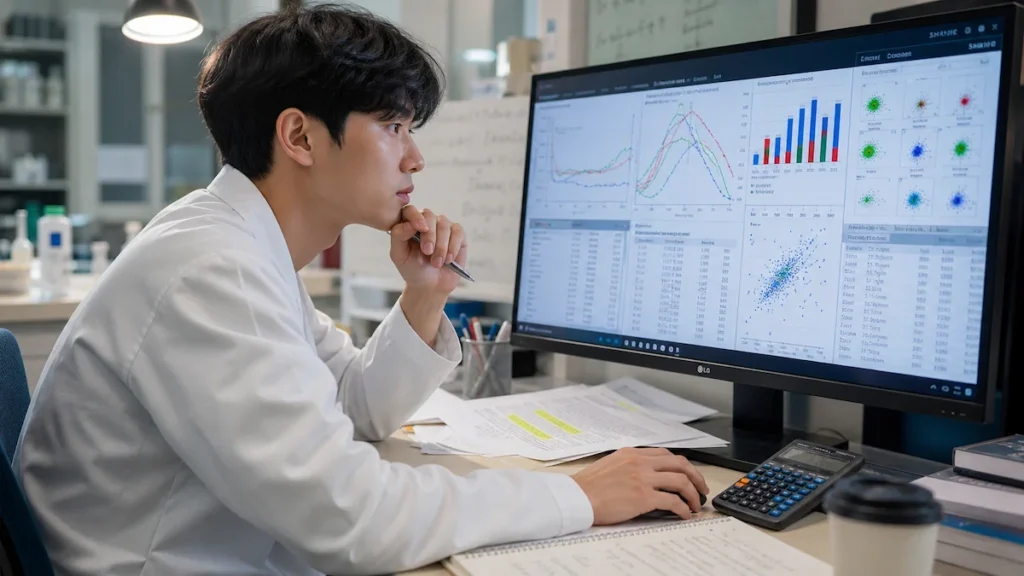 실험 데이터를 분석하는 생명공학과 학생