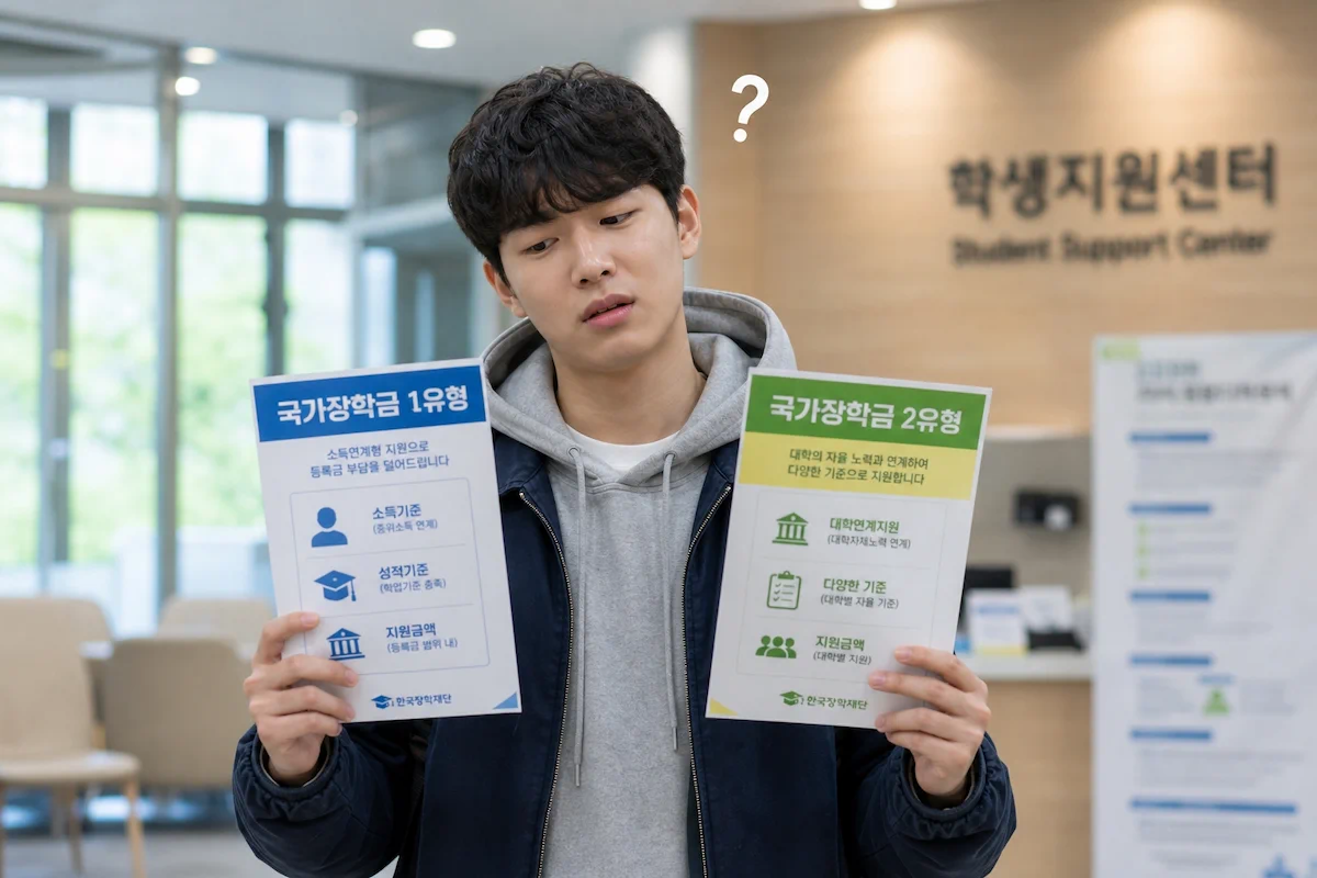 국가장학금 1유형과 2유형 팸플릿을 들고 비교하는 대학생
