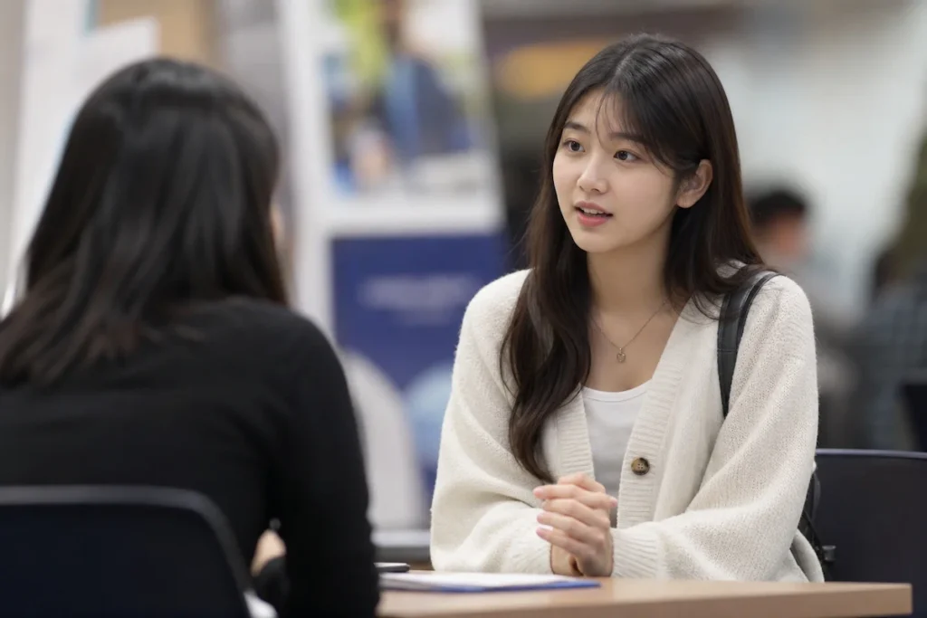 취업 컨설팅 상담을 하는 인문계열 학생