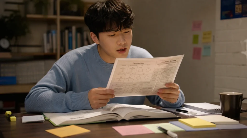 생명공학 데이터 시트 암기하는 학생