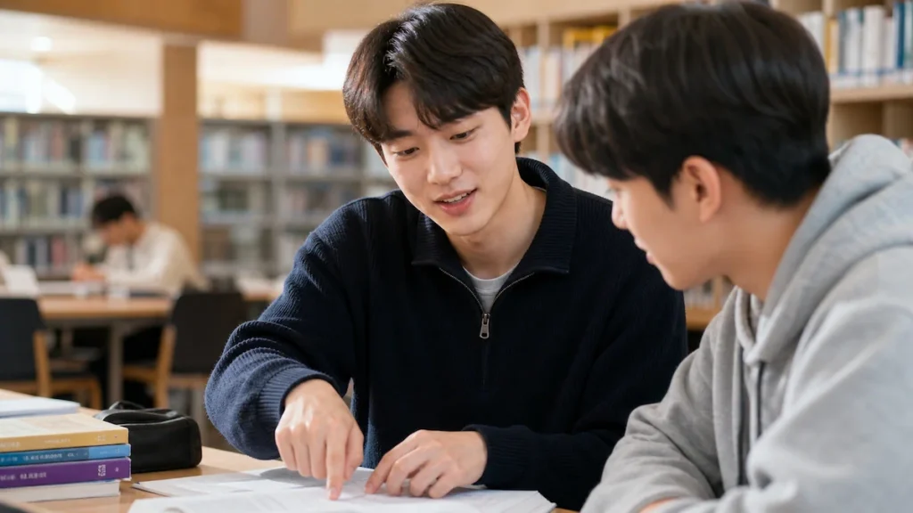 동료와 소통하는 대학생