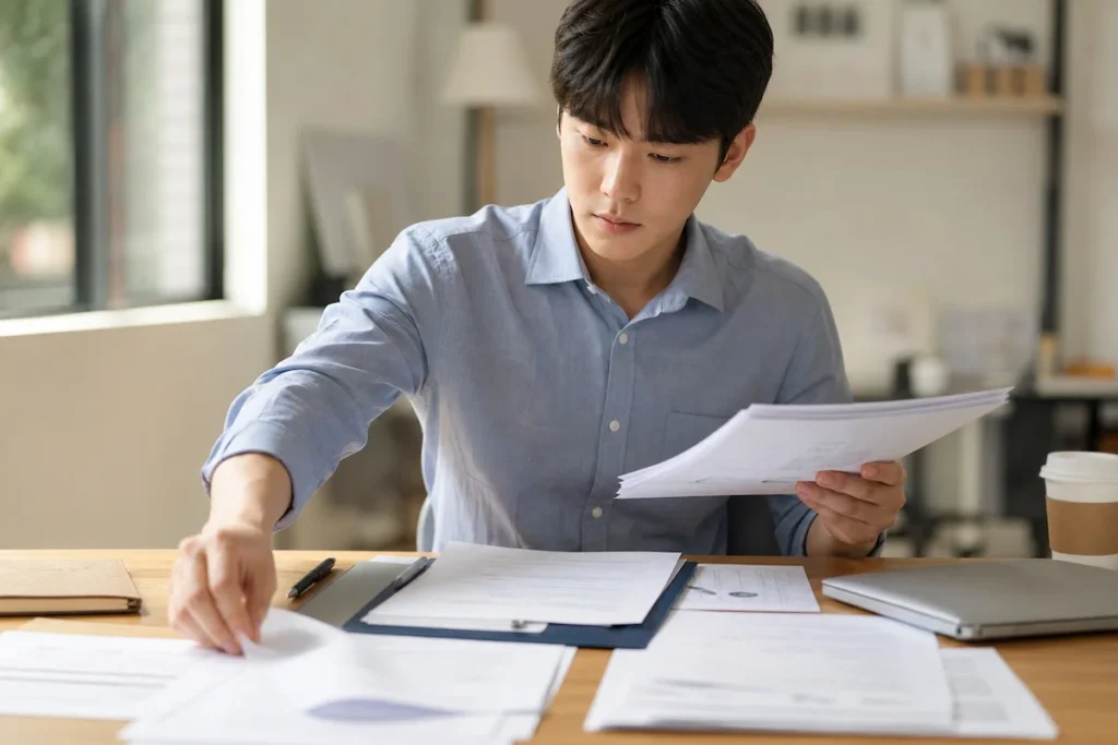 책상에서 취업 서류를 한 장씩 모아 정리하는 대학생