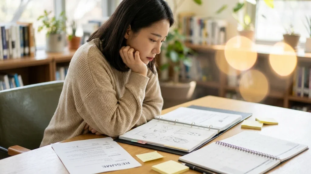 포트폴리오를 검토하며 진로를 계획하는 대학생