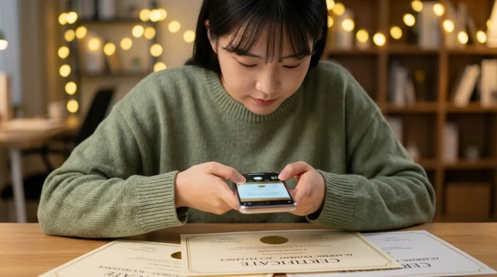 포트폴리오 관련 자격증을 촬영하는 대학생
