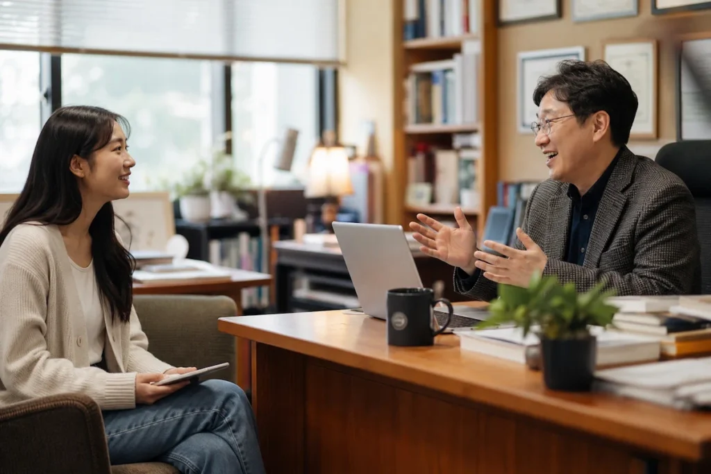 장학금 교수 추천서를 상담하는 학생과 지도교수