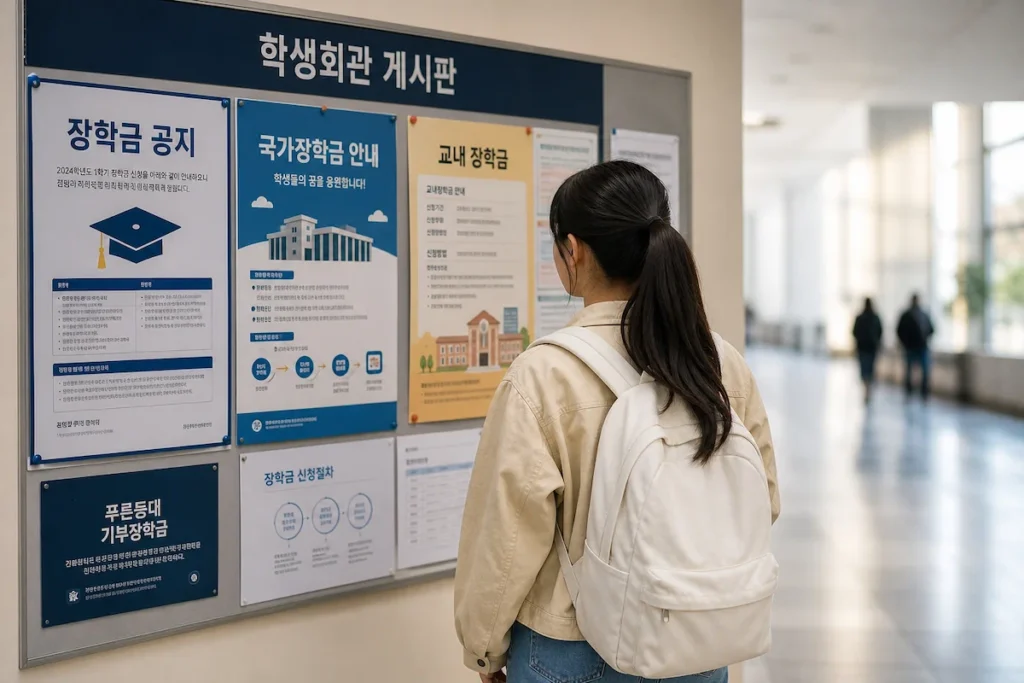 장학금 게시판 앞에서 공지를 읽는 여대생
