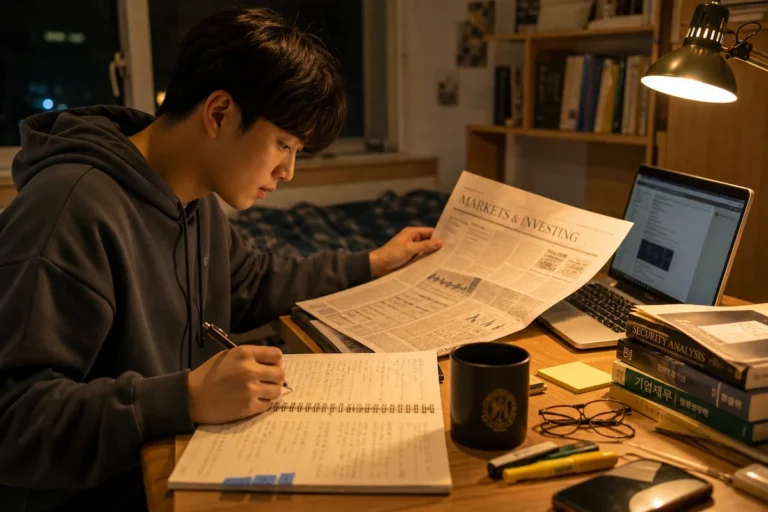 신문을 읽으며 노트에 내용을 정리하는 테셋과 매경 test 를 준비하는 학생