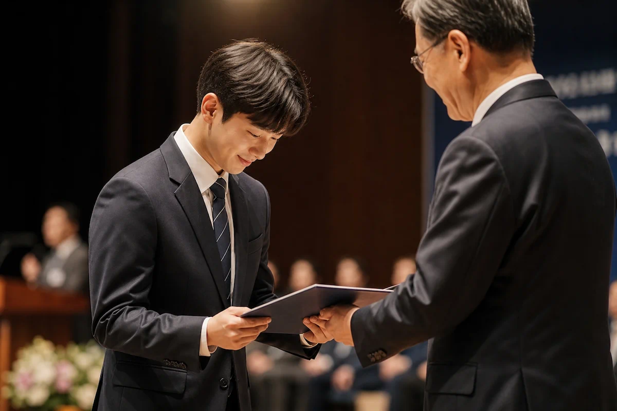 장학증서를 받고 있는 장학생