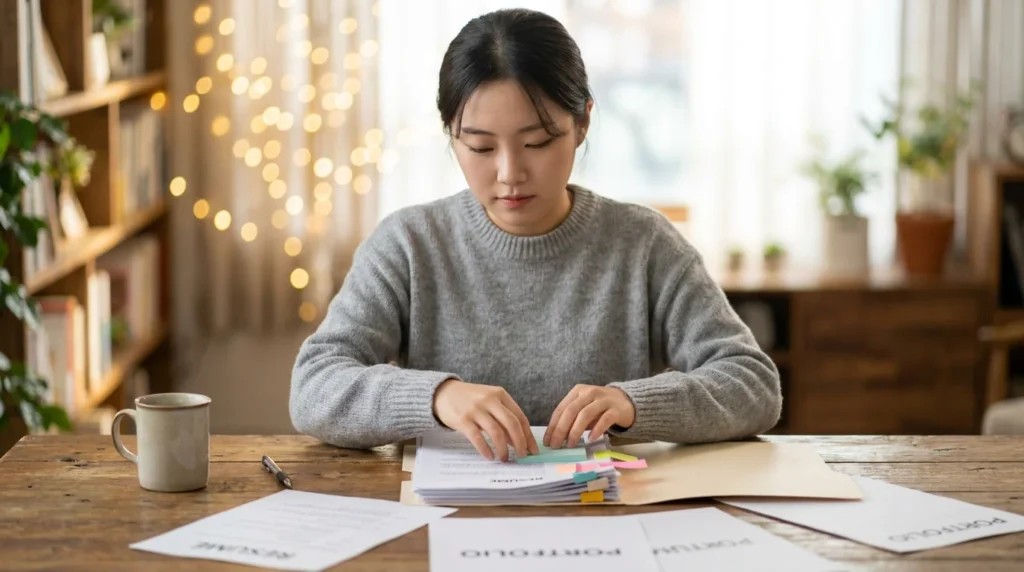 포트폴리오 자료를 정리하는 대학생