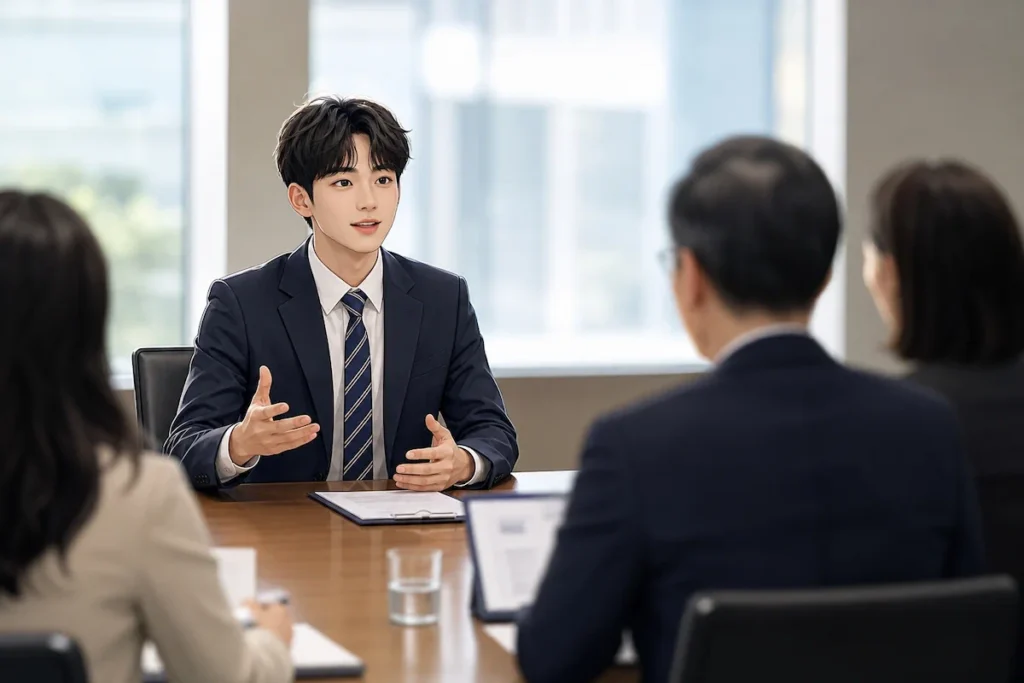 장학금 면접을 보며 자신감 있게 답변하는 학생