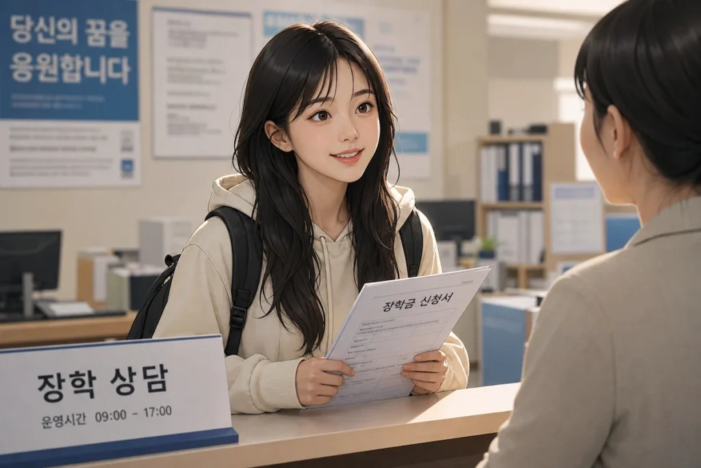 대학 장학 사무실 데스크에서 직원에게 장학금 신청 서류를 들고 문의하는 학생
