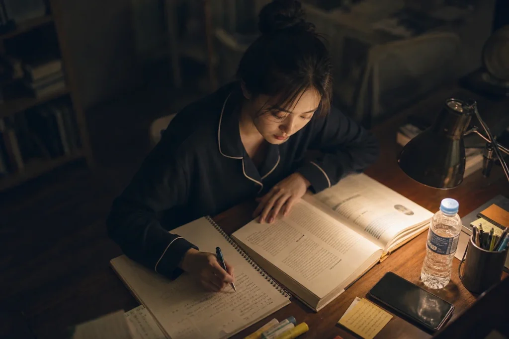 밤 늦은 시간 공부에 집중하고 있는 학생 