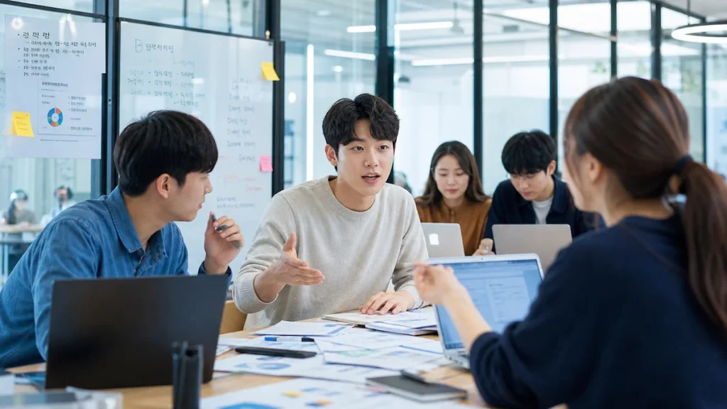 팀 프로젝트 팀원들의 역할을 조율하는 학생