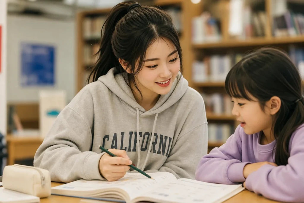 지역 센터에서 초등학생에게 숙제를 도와주며 멘토링하는 학생