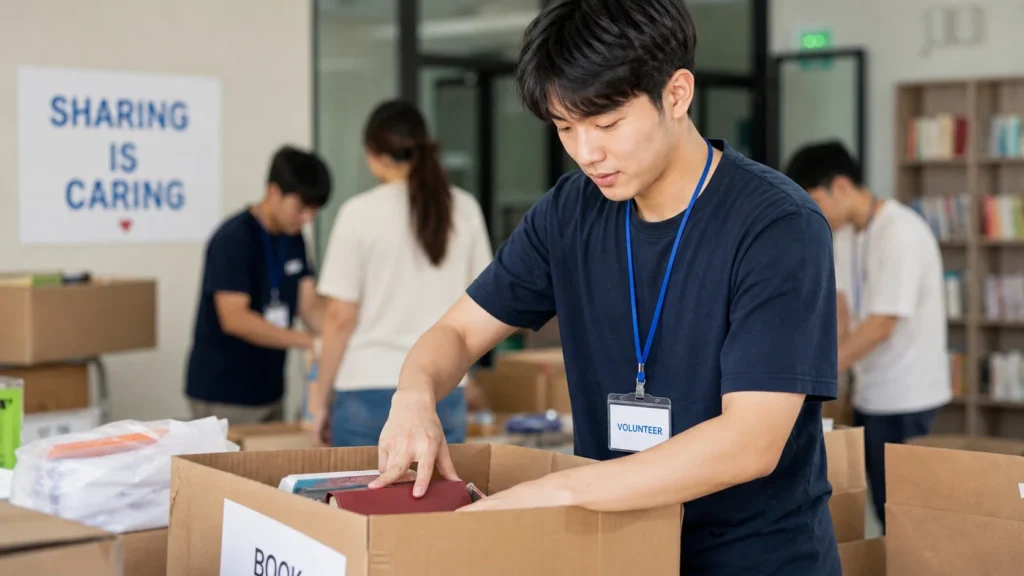자원봉사활동을 하고 있는 학생