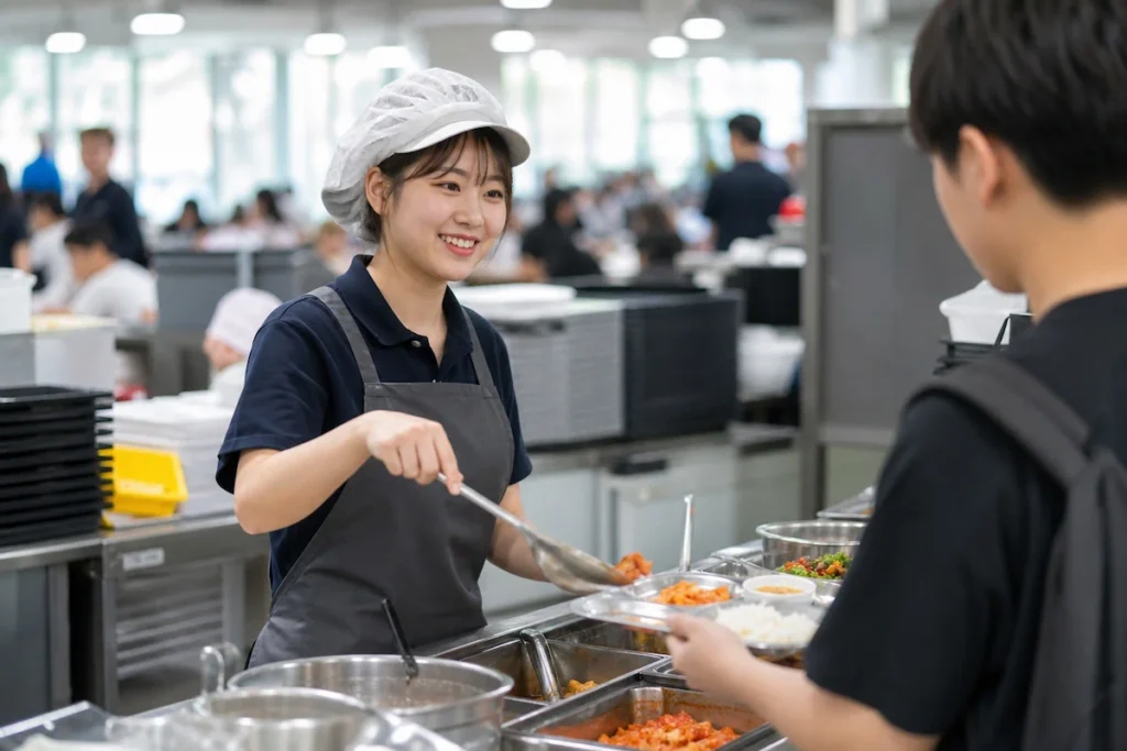 대학 학생식당에서 배식 업무를 돕는 국가근로장학생