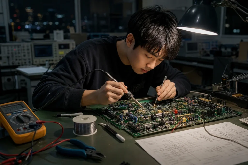 정밀한 납땜 작업으로 전자 회로를 제작하는 공대생