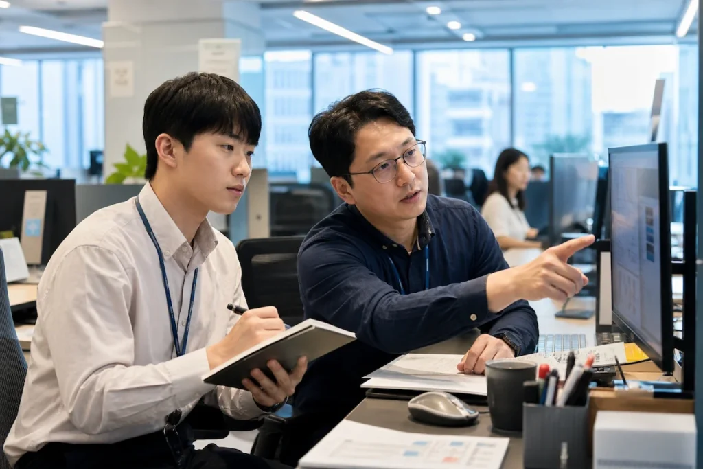 국가지정 기업체에서 선배 직원에게 업무를 배우는 국가근로장학생