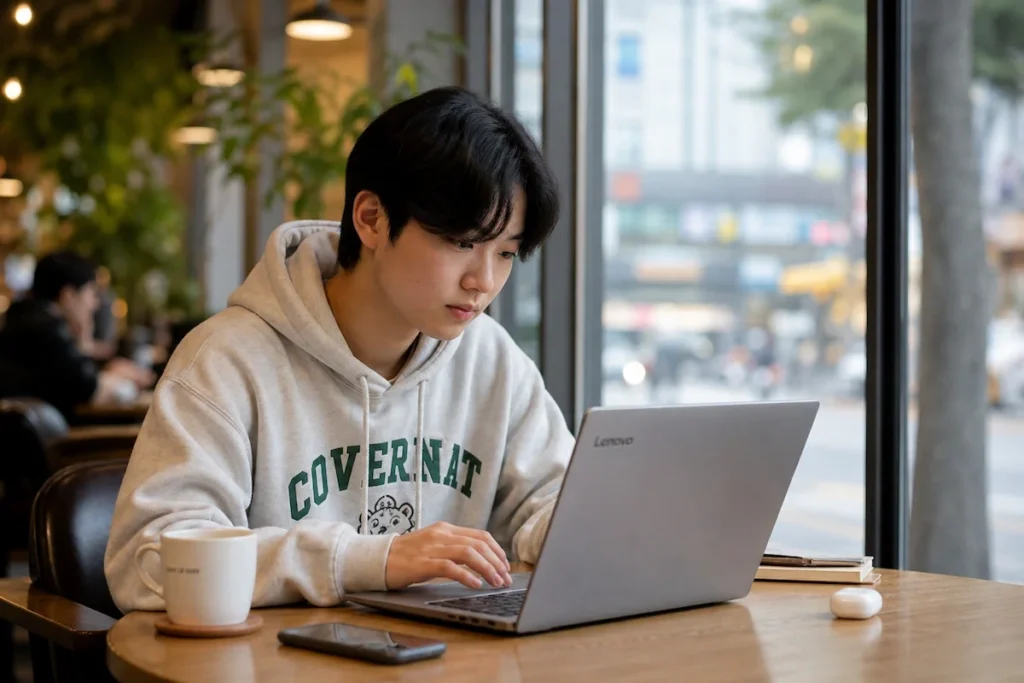레노버 아이디어패드 Slim 5 노트북으로 집중하며 작업하는 대학생