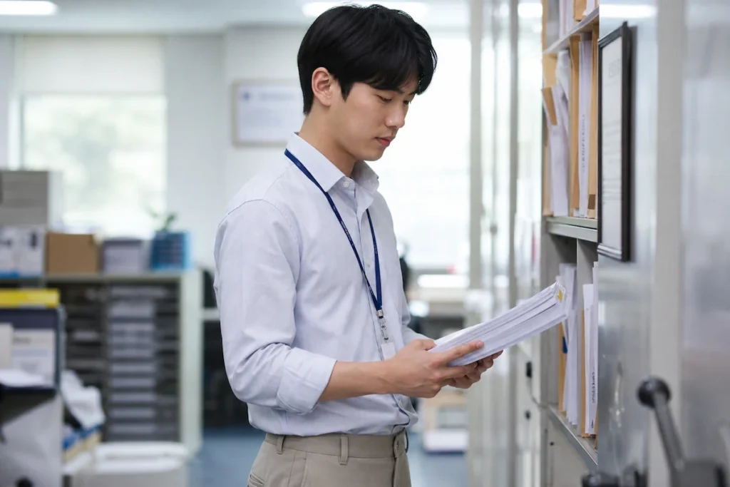 공공기관 서류 보관실에서 문서를 정리하는 국가근로장학생
