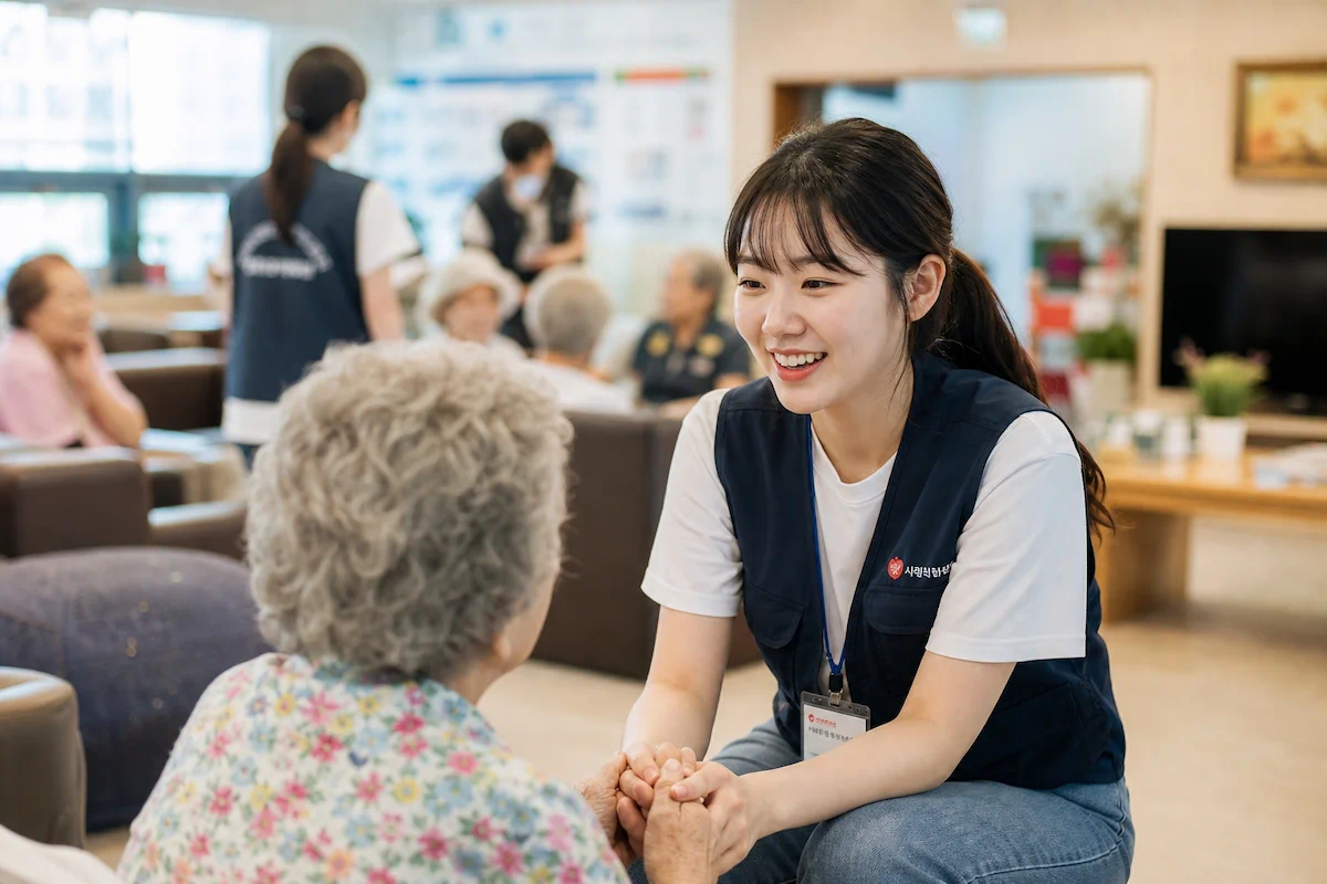 사회복지센터에서 지역사회 봉사 업무를 하는 에몬스 장학생