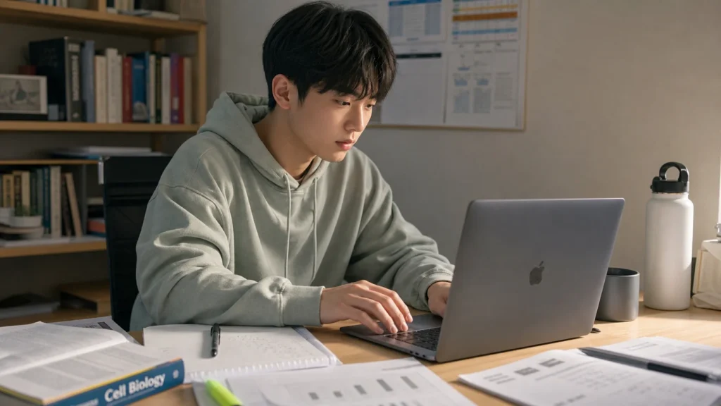 생명공학 실험 리포트를 쓰고 있는 학생