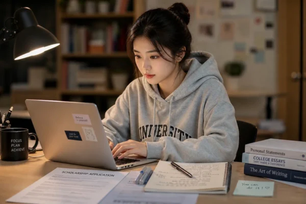 장학금 신청서와 에세이를 작성하는 학생