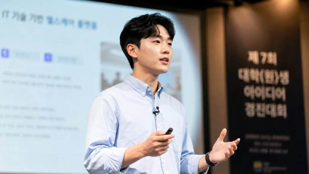 대학생 아이디어 공모전에서 프로젝트 프리젠테이션을 하고 있는 학생