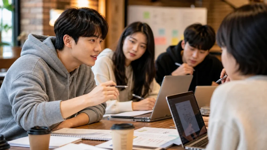 스터디룸에서 팀원들과 공모전 준비를 하고 있는 대학생들