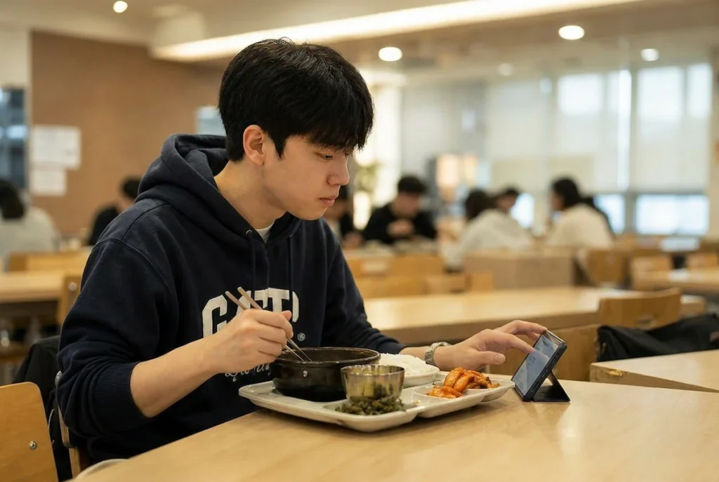 학생식당에서 식사하는 대학생