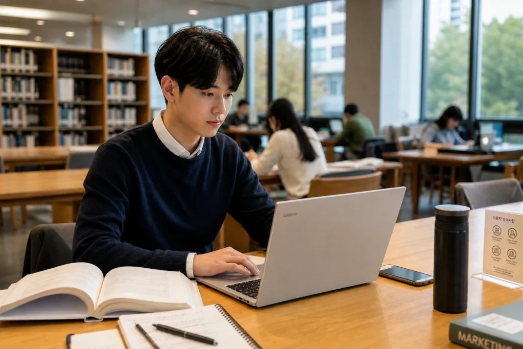 레노버 노트북으로 과제를 작성하는 대학생