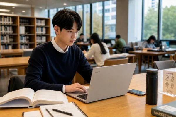 레노버 노트북으로 과제를 작성하는 대학생
