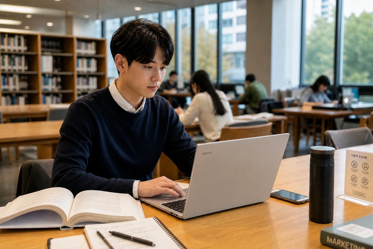 레노버 노트북으로 과제를 작성하는 대학생