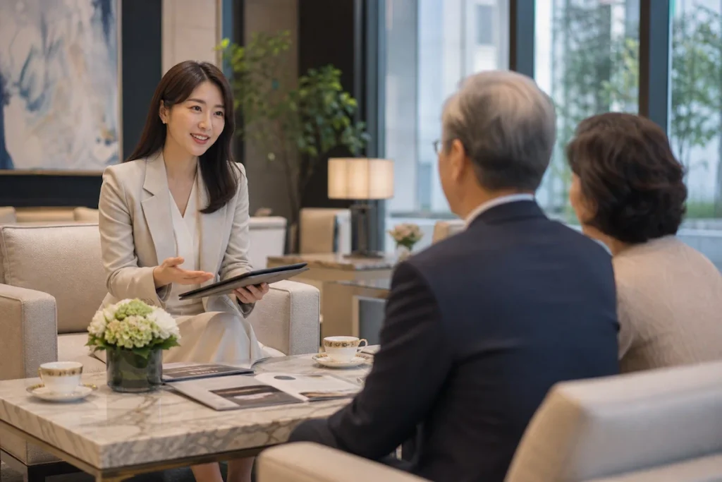 시니어 부부에게 은퇴 자산관리를 안내하는 프라이빗 뱅커